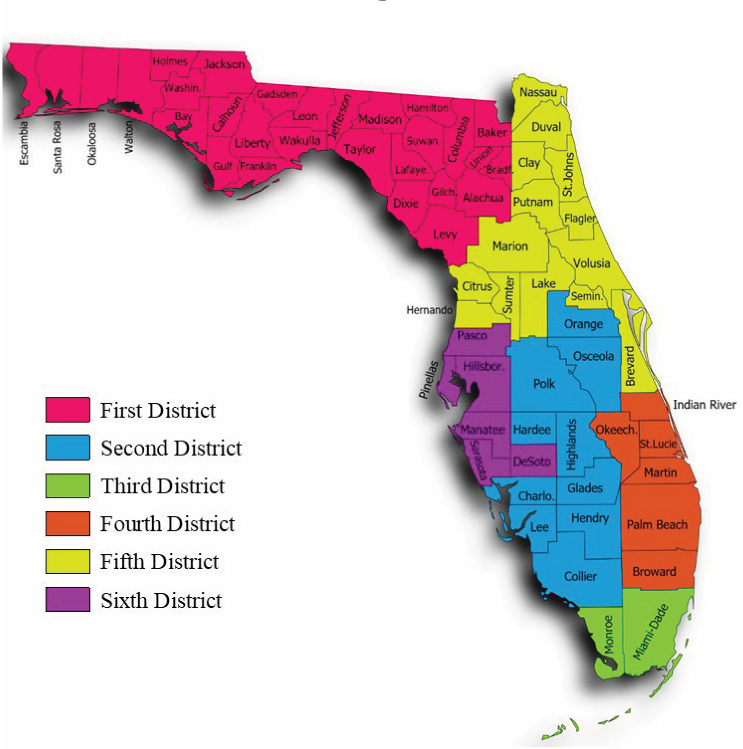 This shows the 6 geographical locations of the Florida Court of Appeal Districts